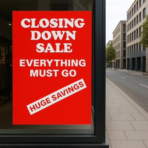 Closing Down Sale Everything must go, printed product shown against a dark background