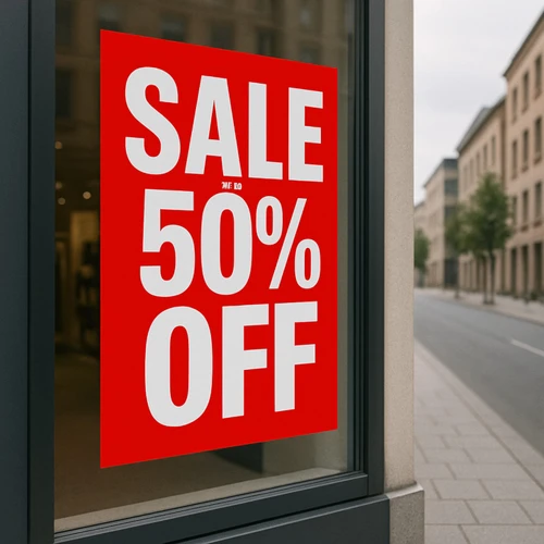 SALE Up to 50% Off Red A1 Poster, printed product shown against a dark background