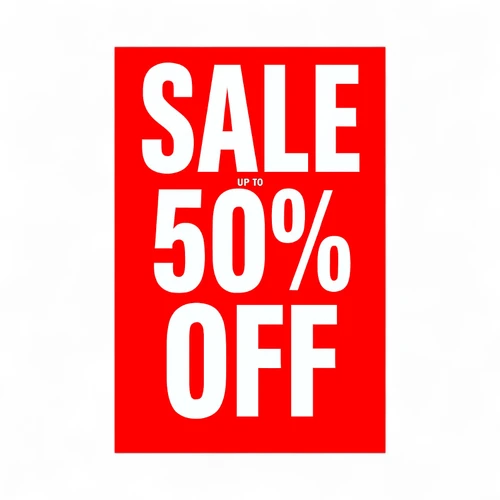 SALE Up to 50% Off Red A1 Poster, printed product shown on a white background, balanced, centred square layout