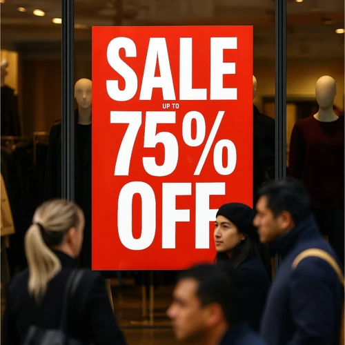 SALE Up to 75% Off Red A1 Poster, close product view against a dark background