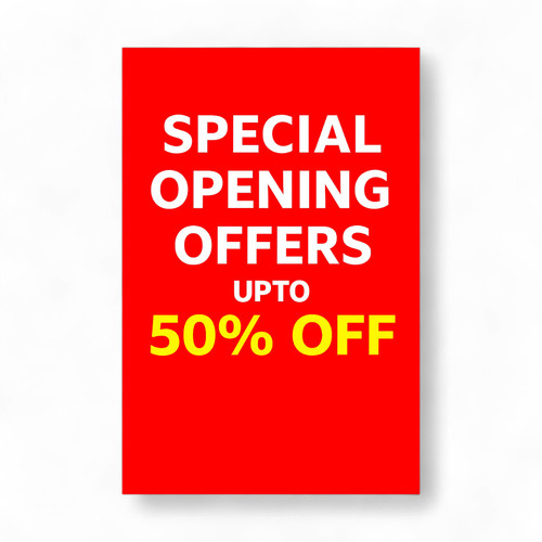 Special Opening Offers Up to 50% Off A1 Poster, printed product shown on a white background, balanced, centred square layout