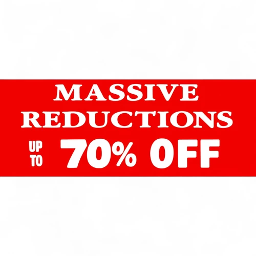 Red poster reading Massive Reductions, up to 70% off, in bold white type