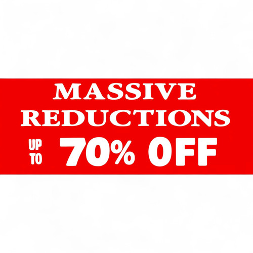 Bold white Massive Reductions up to 70% Off lettering on a red retail sign