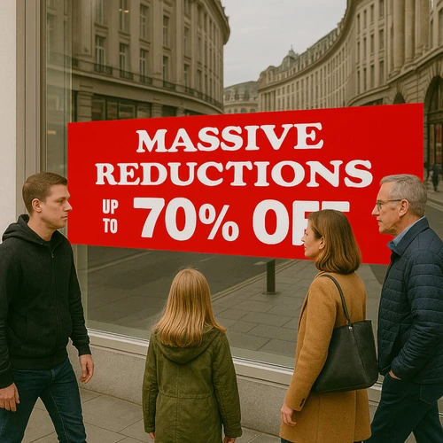Red “Massive reductions, up to 70% off” poster in a shop window