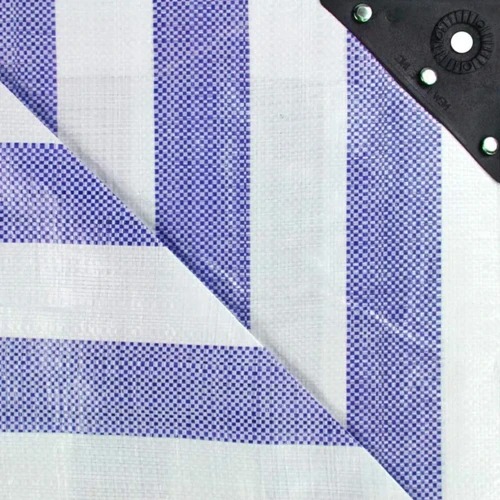 Blue White Striped Tarpaulin 170GSM, product shown against a coloured background