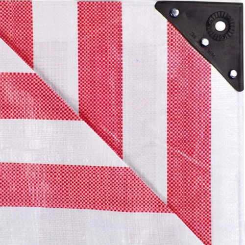Red White Striped Tarpaulin 170GSM, product shown against a coloured background, balanced, centred square layout
