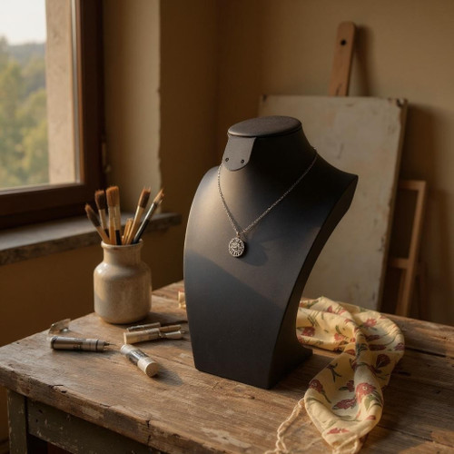 Black Leatherette Necklace Bust Display Stand for Jewellery Shop or Home Use, product shown against a dark background