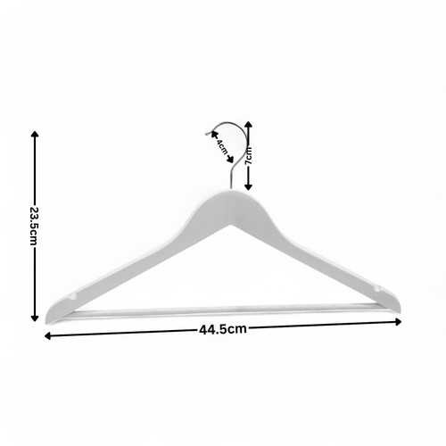 Wooden Clothes Hangers with Bar & Notches 44.5cm Adult Wardrobe, dimension guide on a white background, balanced, centred square layout