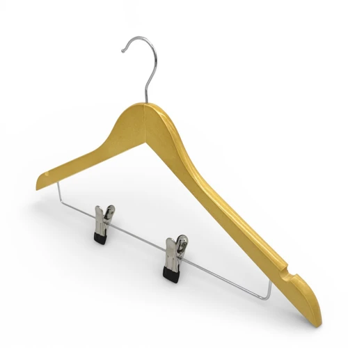 Wooden Coat Hanger 44.5cm with Clips & Notches for Suits Jackets Skirts, close product view against a light background