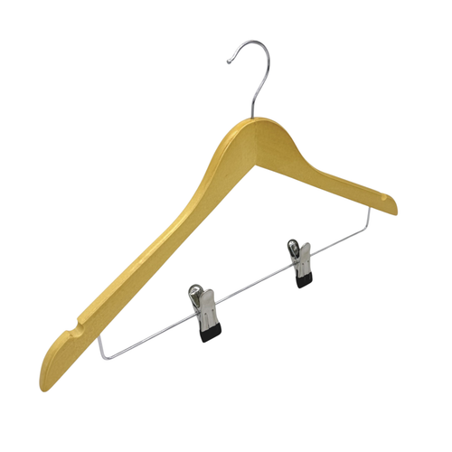 Wooden Coat Hanger 44.5cm with Clips & Notches for Suits Jackets Skirts, product shown on a white background, balanced, centred square layout