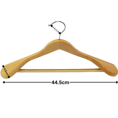 Natural Wood Broad Shoulder Hangers 44.5cm with Non-Slip Trouser Bar, product shown on a white background