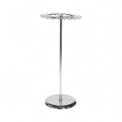 Chrome Revolving Tie & Belt Rail Stand 360° Rotating 20 Hooks Weighted Base, full-height product view on a white background, balanced, centred square layout