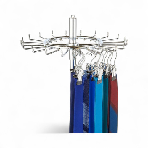 Chrome Revolving Tie & Belt Rail Stand 360° Rotating 20 Hooks Weighted Base, product shown on a white background, brightly lit product image
