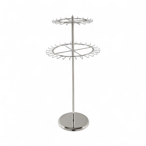 Chrome Two Tier Revolving Tie & Belt Rail Stand 48 Hooks 360° Rotating Display, full-height product view on a white background, full-height product photograph