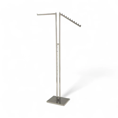 Chrome Clothes Display Stand Adjustable 2 Arm Rail Straight & Waterfall Arms, full-height product view on a white background