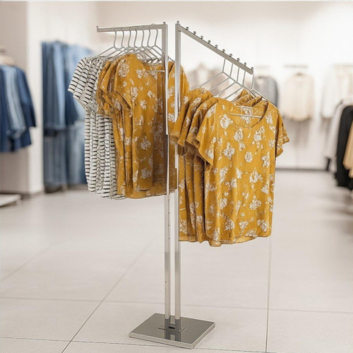 Chrome Clothes Display Stand Adjustable 2 Arm Rail Straight & Waterfall Arms, close product view against a light background