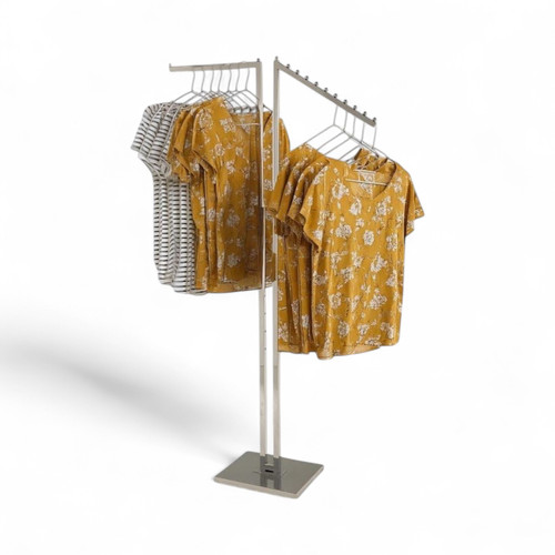 Chrome Clothes Display Stand Adjustable 2 Arm Rail Straight & Waterfall Arms