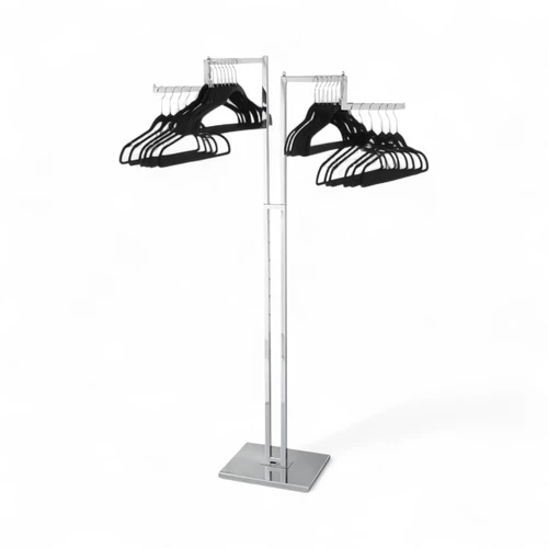 Chrome Clothes Display Stand Adjustable 2 Stepped Arms 350mm Projection, balanced, centred square layout