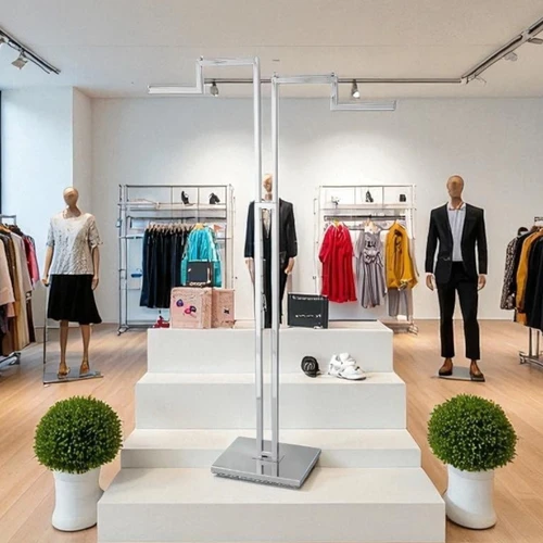 Chrome Clothes Display Stand Adjustable 2 Stepped Arms 350mm Projection, tight, centred square layout
