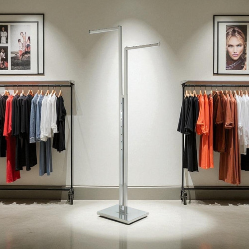 Chrome Clothes Display Stand 2 Straight Arms 405mm Length Adjustable Height, close product photograph