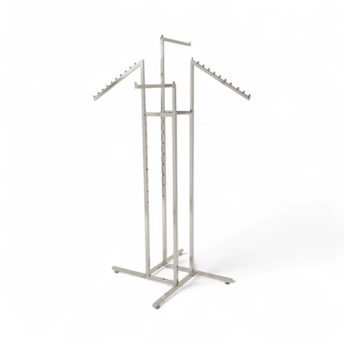 Chrome Clothes Display Stand 2 Straight & 2 Sloping Arms Adjustable Height, full-height product view on a white background
