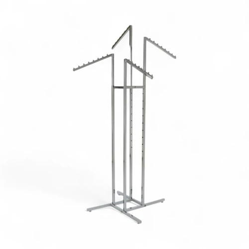 Chrome Clothes Display Stand 4 Sloping Arms with Ball-Stops Adjustable Height, full-height product view on a white background