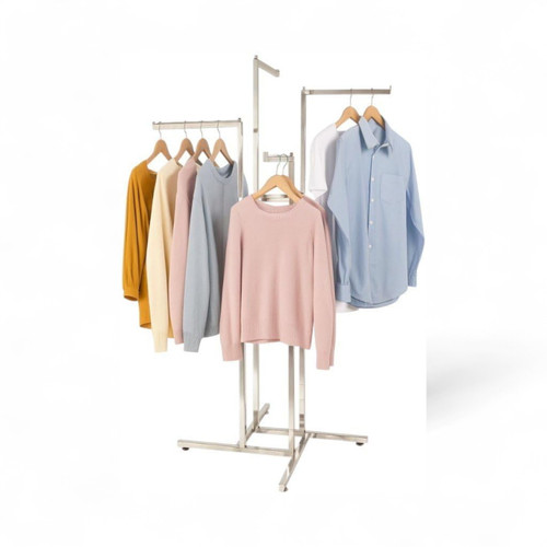 Chrome Clothes Display Stand 4 Straight Arms Adjustable Height, full-height product view on a white background, balanced, centred square layout