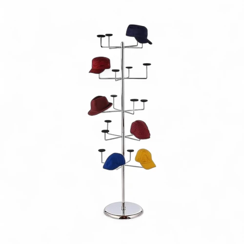 Chrome 5-Tier Hat Display Stand Holds 20 Hats Cushioned Holders Weighted Base, full-height product view on a white background, balanced, centred square layout