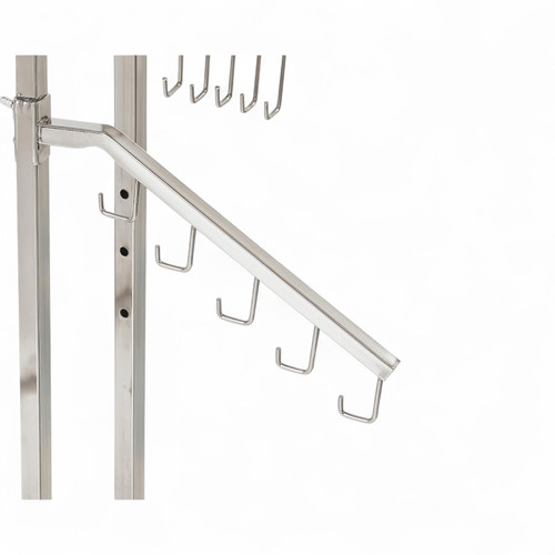 Chrome Bag Display Stand 8 Sloping Arms with Ball-Stops Adjustable Height, product shown on a white background, balanced, left-balanced square layout