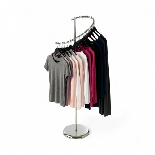 Chrome Spiral Clothes Display Stand 29 Ball-Stops Adjustable Height Retail, full-height product view on a white background, brightly lit product image