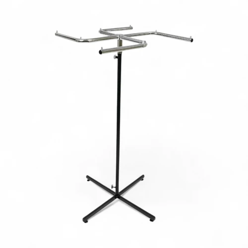 Chrome 4 Arm Rotating Clothes Display Stand Adjustable Height Retail Rail, full-height product view on a white background