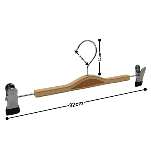 Adjustable Natural Wooden Pants Skirt Trouser Hanger with Clips Chrome Hook-32cm, dimension guide on a white background