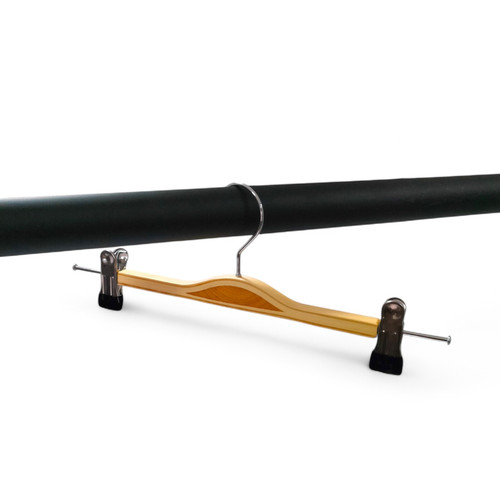 Adjustable Natural Wooden Pants Skirt Trouser Hanger with Clips Chrome Hook-32cm, product shown on a white background, standard product photograph