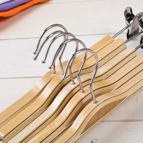 Adjustable Natural Wooden Pants Skirt Trouser Hanger with Clips Chrome Hook-32cm, product shown against a coloured background
