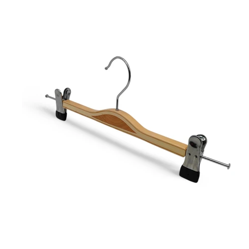 Adjustable Natural Wooden Pants Skirt Trouser Hanger with Clips Chrome Hook-32cm, product shown on a white background, balanced, centred square layout