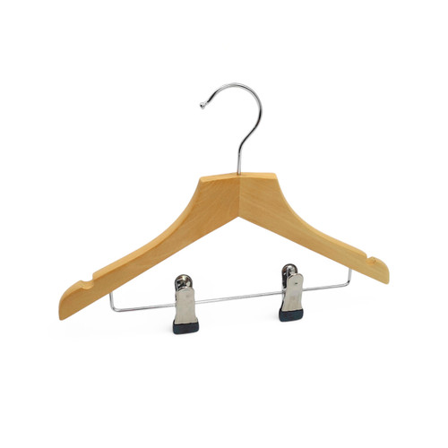 Kids Oak Wooden Hanger 30cm Clothes Hanger with Metal Clips for Skirts & Suits