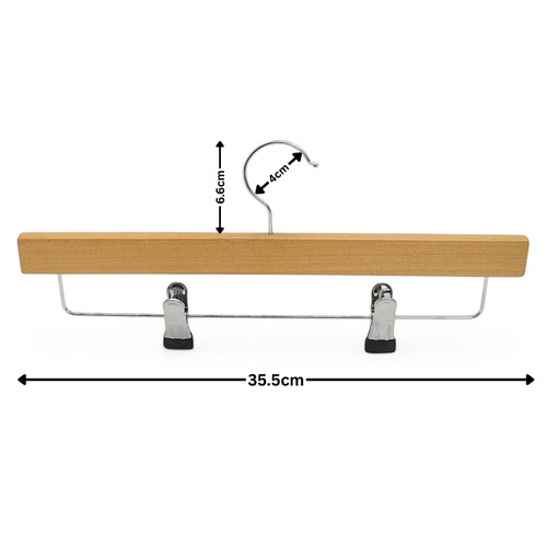 Wooden Trouser & Skirt Hanger 35.5cm Natural Wood with Chrome Metal Clips