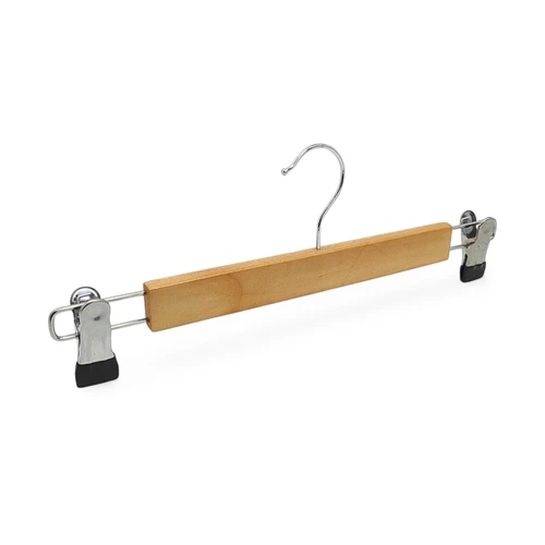 Wooden Trouser & Skirt Hanger 33.5cm Natural Wood with Chrome Metal Clips, product shown on a white background