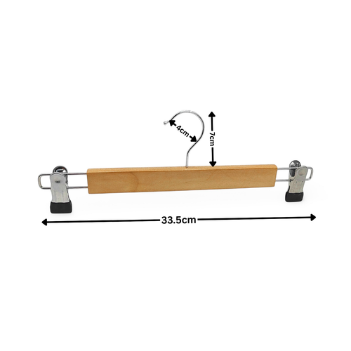 Wooden Trouser & Skirt Hanger 33.5cm Natural Wood with Chrome Metal Clips