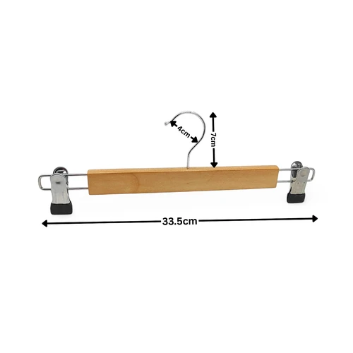 Wooden Trouser & Skirt Hanger 33.5cm Natural Wood with Chrome Metal Clips, product shown on a white background, balanced, centred square layout