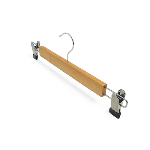 Wooden Trouser & Skirt Hanger 33.5cm Natural Wood with Chrome Metal Clips, product shown on a white background, brightly lit product image