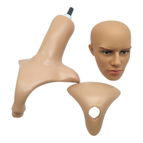 Male: Plastic Realistic Male Mannequin Head with Rotating Base, close product view on a white background