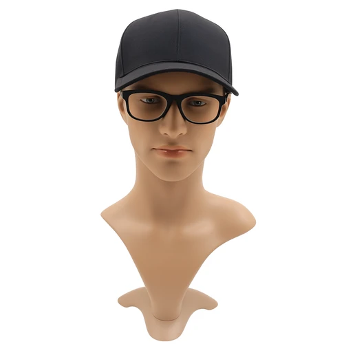 Male: Plastic Realistic Male Mannequin Head with Rotating Base, full-height product view on a white background, balanced, centred square layout