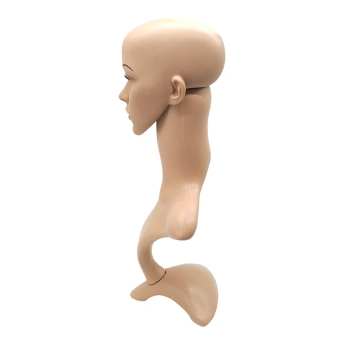Female: Plastic Realistic Female Mannequin Head with Rotating Base, full-height product view on a white background, balanced, centred square layout