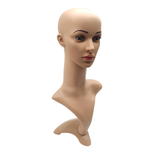 Female: Plastic Realistic Female Mannequin Head with Rotating Base, full-height product view on a white background, full-height product photograph
