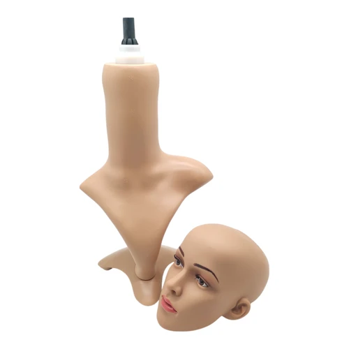 Female: Plastic Realistic Female Mannequin Head with Rotating Base, full-height product view on a white background, brightly lit product image