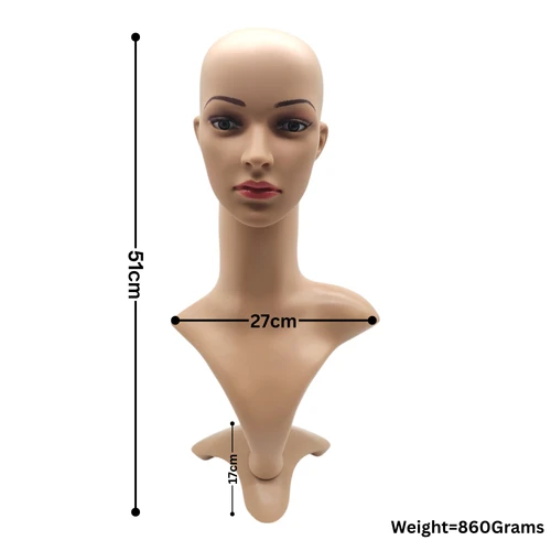 Female: Plastic Realistic Female Mannequin Head with Rotating Base, dimension guide against a light background