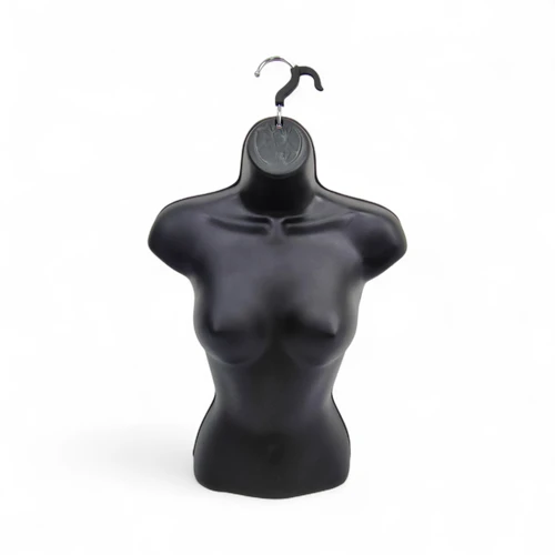 Black Female Hanging Half Body Mannequin Form 660mm Matt Plastic Display Torso, full-height product view on a white background