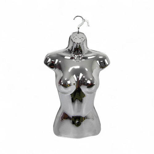 Chrome Glossy Female Hanging Half Body Mannequin Form Plastic Display Torso, full-height product view on a white background, brightly lit product image
