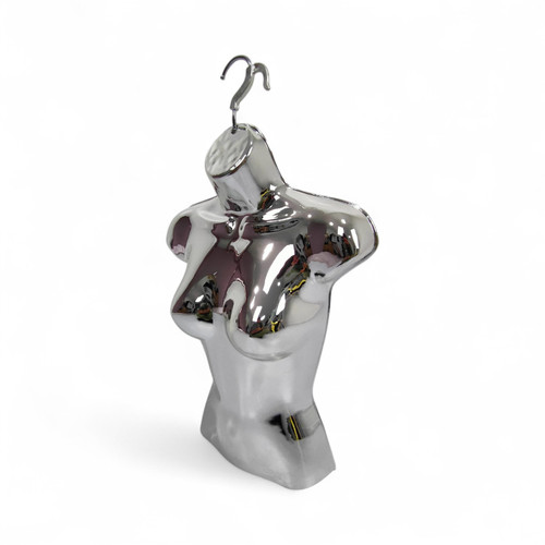 Chrome Glossy Female Hanging Half Body Mannequin Form Plastic Display Torso, full-height product view on a white background, balanced, centred square layout